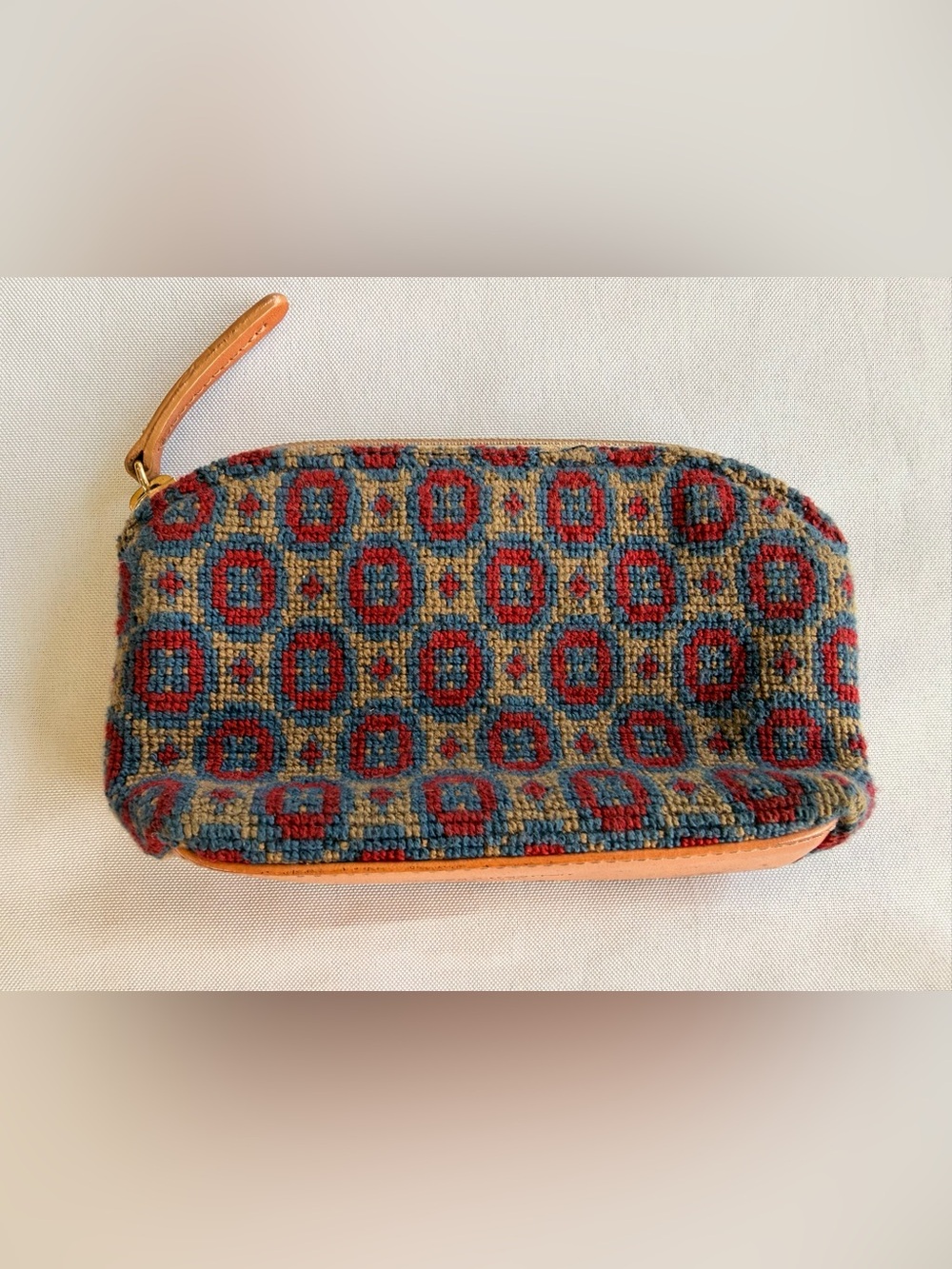 Stubbs & Wootton Needlepoint Small Zip Pouch with Tan Leather